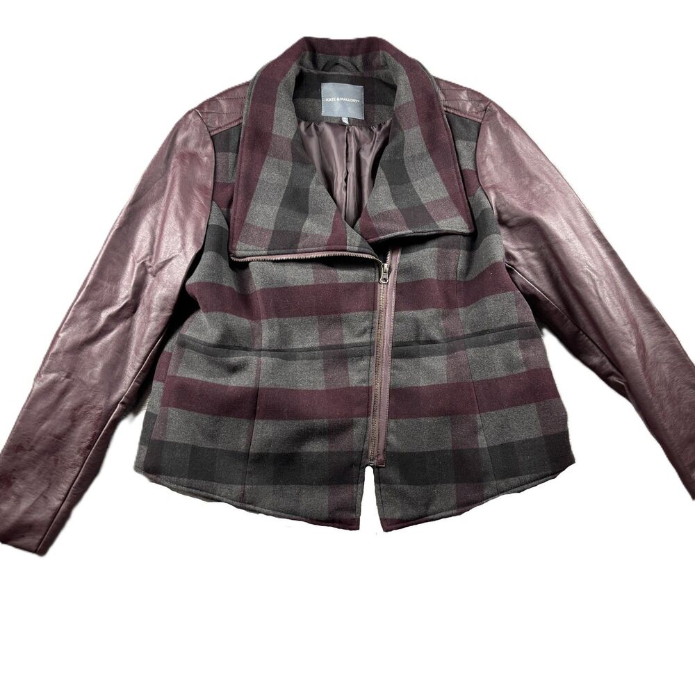 Kate & Mallory Women Moto Jacket Coat Faux Leather Sleeves Plaid Wine Gray XL